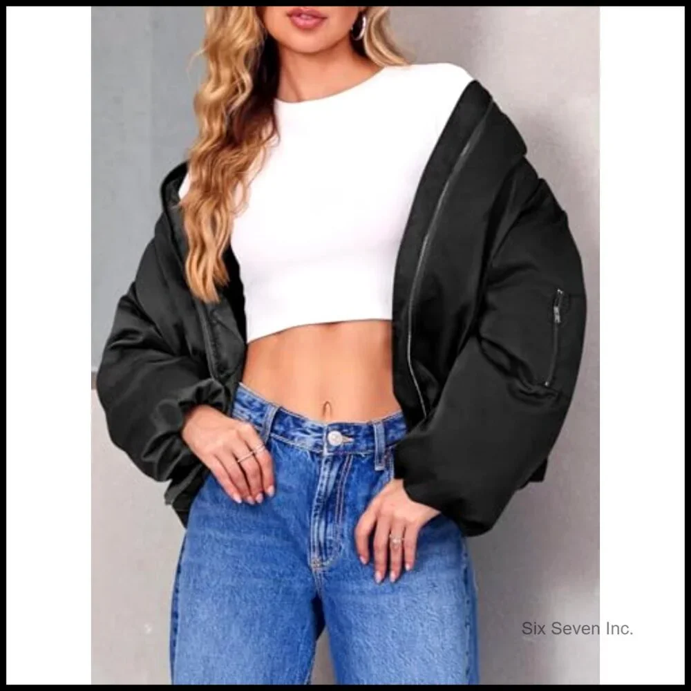 Oversized Zip Up Bomber Jacket Casual Fully Lined Winter Coat With Pockets - Picture 5 of 7